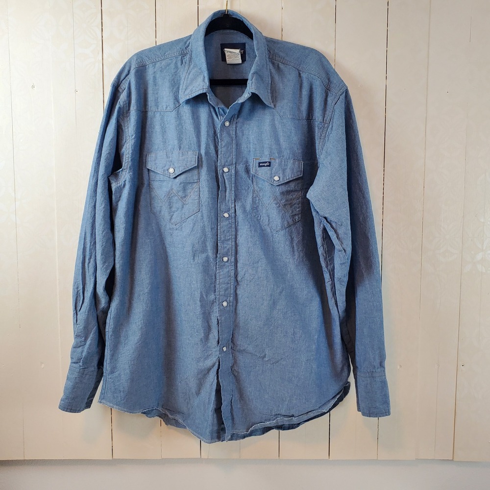 Wrangler Mens Western Chambray Snap Front Shirt Blue 70136MW 17.5 x 36